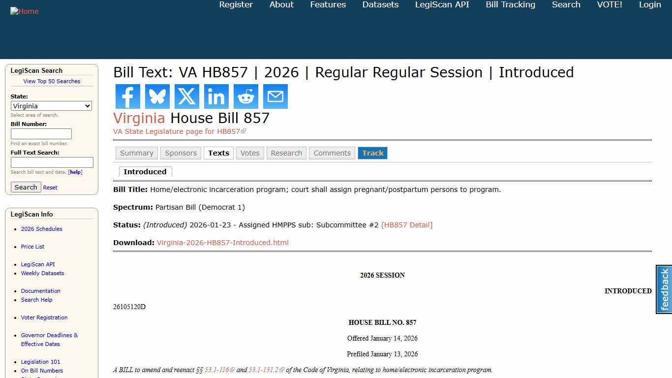 Bill Text: VA HB857 2026 Regular Regular Session Introduced LegiScan